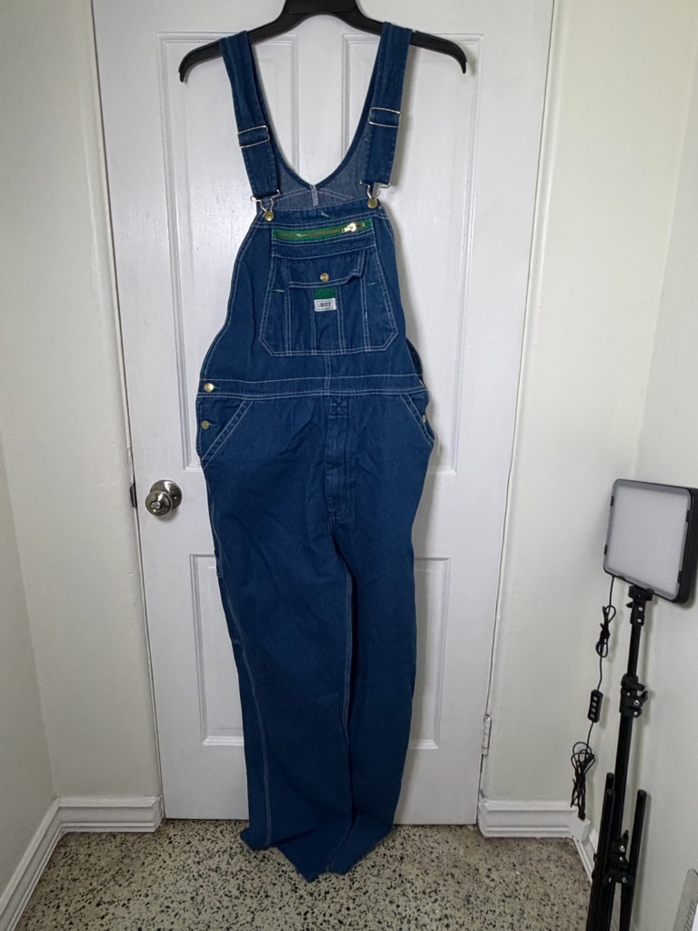 Liberty Classic Blue Denim Overalls with Green Zip Accent
